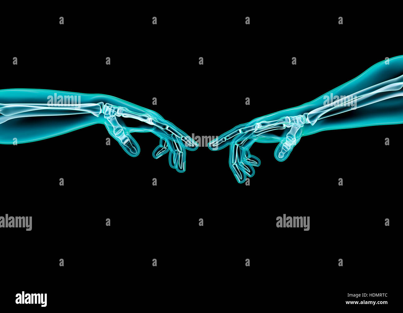Creation hands x-ray / 3D illustration of x-rayed hands reaching to touch fingers Stock Photo