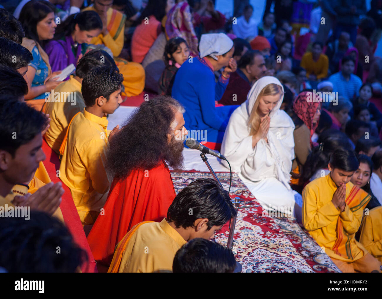 Evening Ganga Aarti Ceremony at the Parmarth Niketan Ashram in Rishikesh,Uttarakhand,India Stock Photo