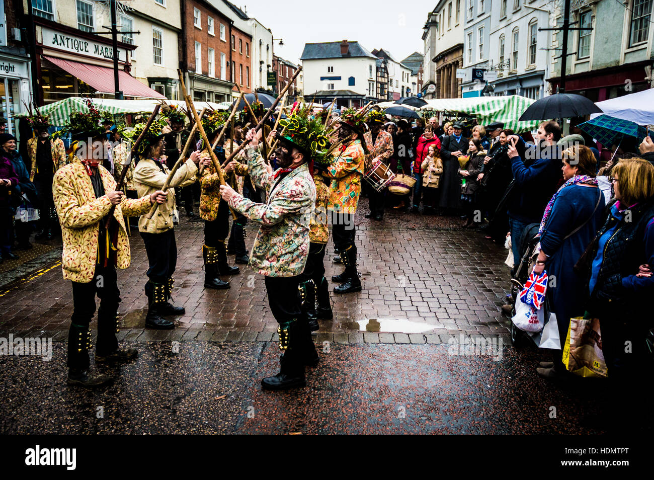 Leominster Morris folk dance group entertain crowds at Leominster's annual Christmas Victorian Market Stock Photo