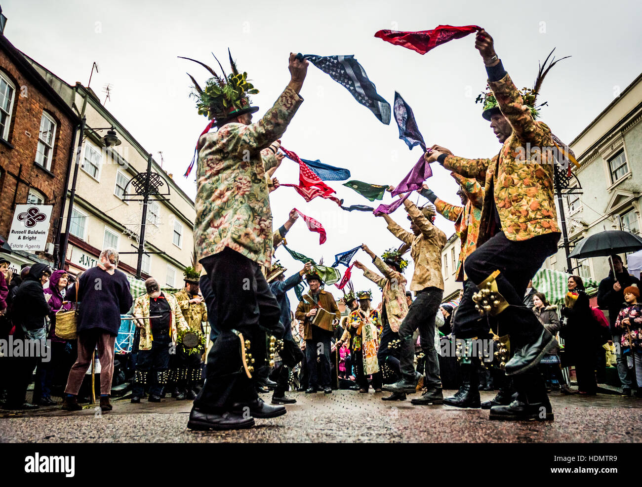 Leominster Morris folk dance group entertain crowds at Leominster's annual Christmas Victorian Market Stock Photo