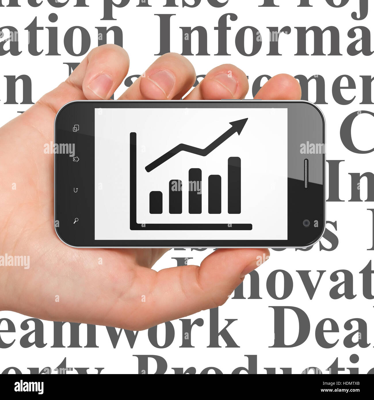 Business concept: Hand Holding Smartphone with Growth Graph on display ...
