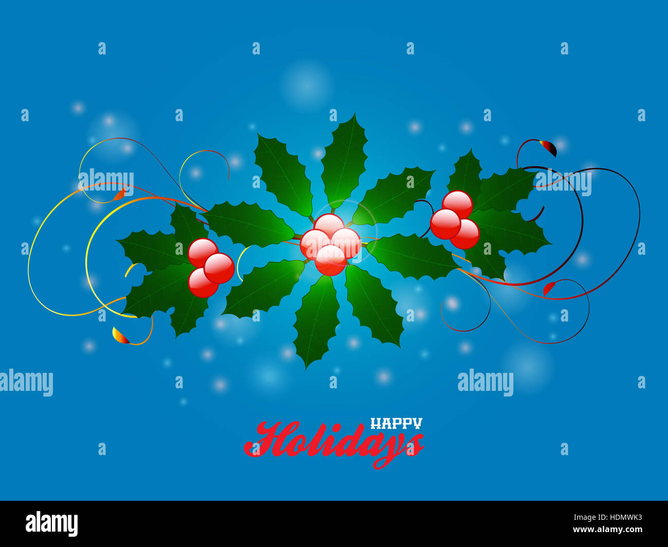 Elegant Festive Flourish Over Glowing Blue Background with Happy Holidays Text Stock Photo
