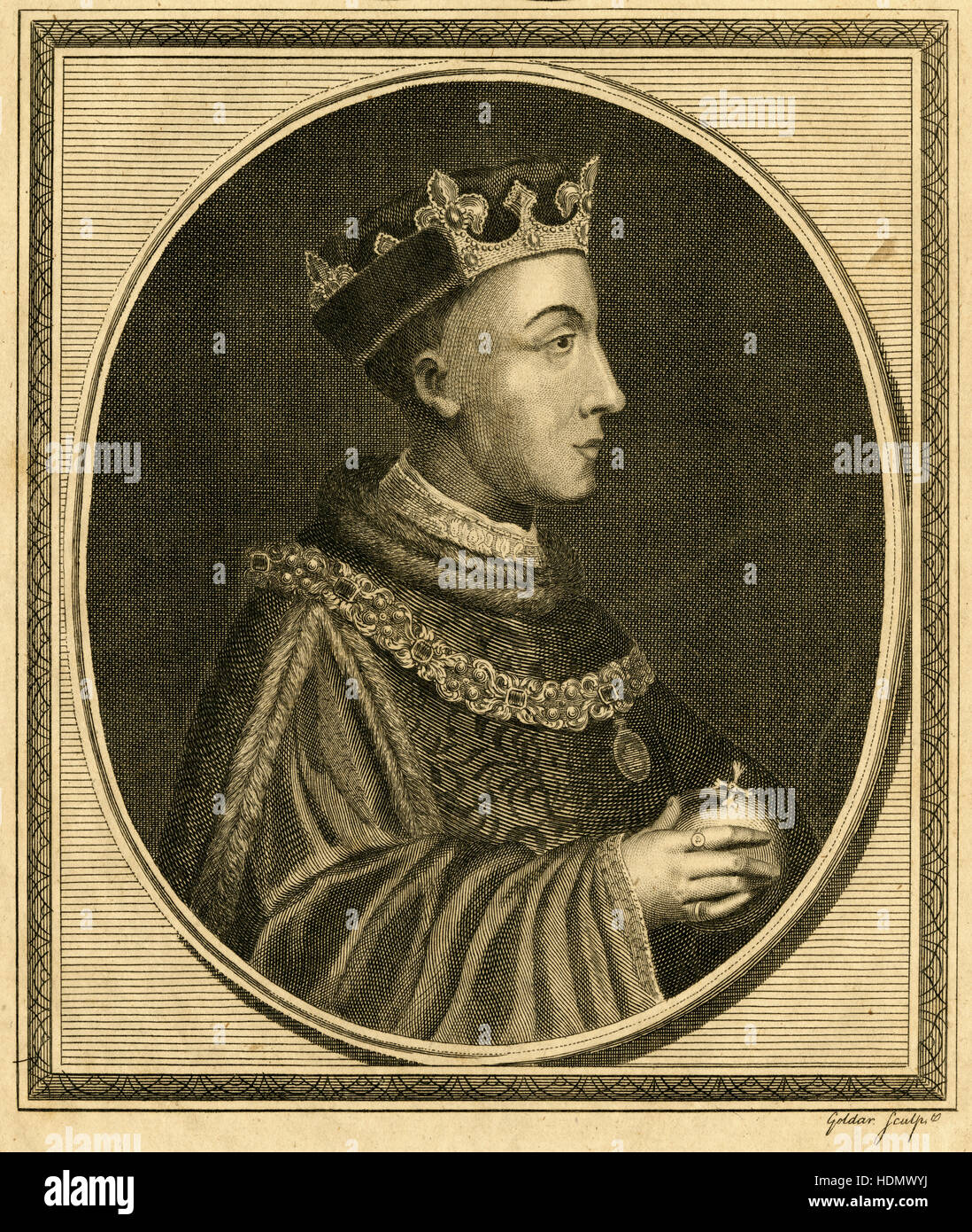 Antique 1785 engraving, King Henry V. Henry V (1386-1422) was King of England from 1413 until his death at the age of 36 in 1422. He was the second English monarch who came from the House of Lancaster. SOURCE: ORIGINAL ENGRAVING. Stock Photo