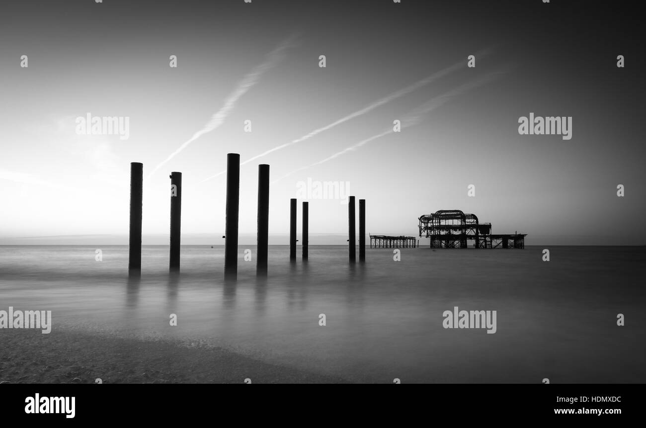 Brighton Beach and West Pier seascape in black and white Stock Photo