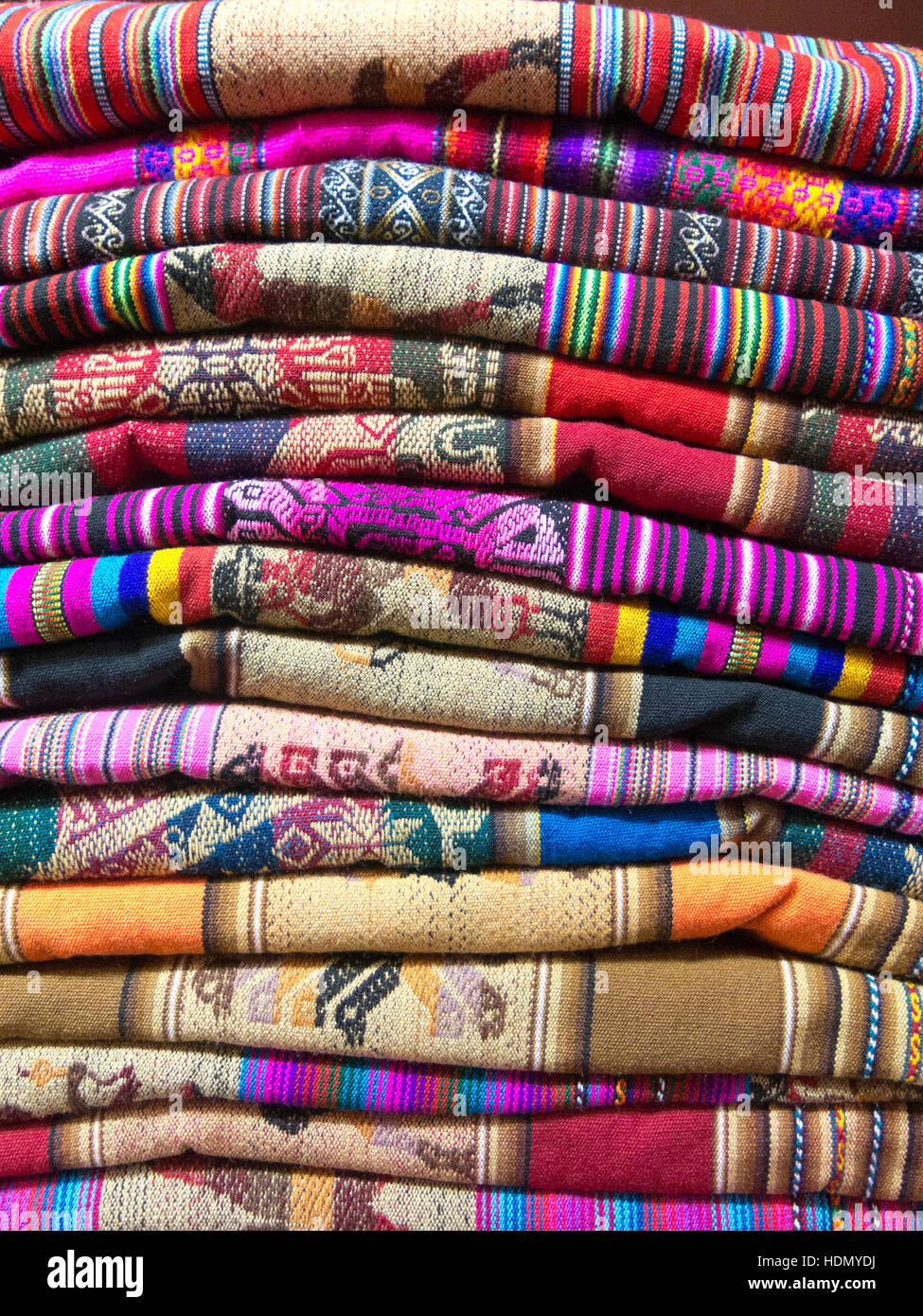 Multicolored Andean blankets in a market, La Paz, Bolivia Stock Photo