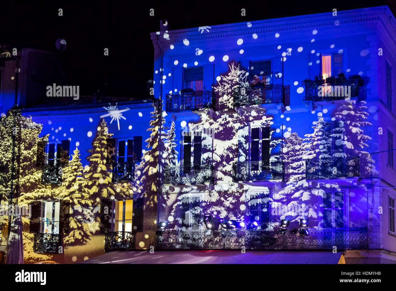 Festive Christmas decorations lights on facades of buildings on Piazza ...