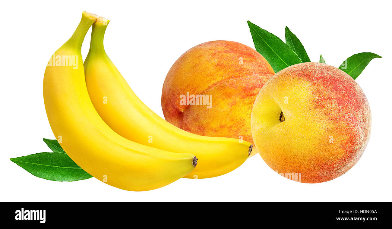 Peach  and bananas isolated on white background Stock Photo