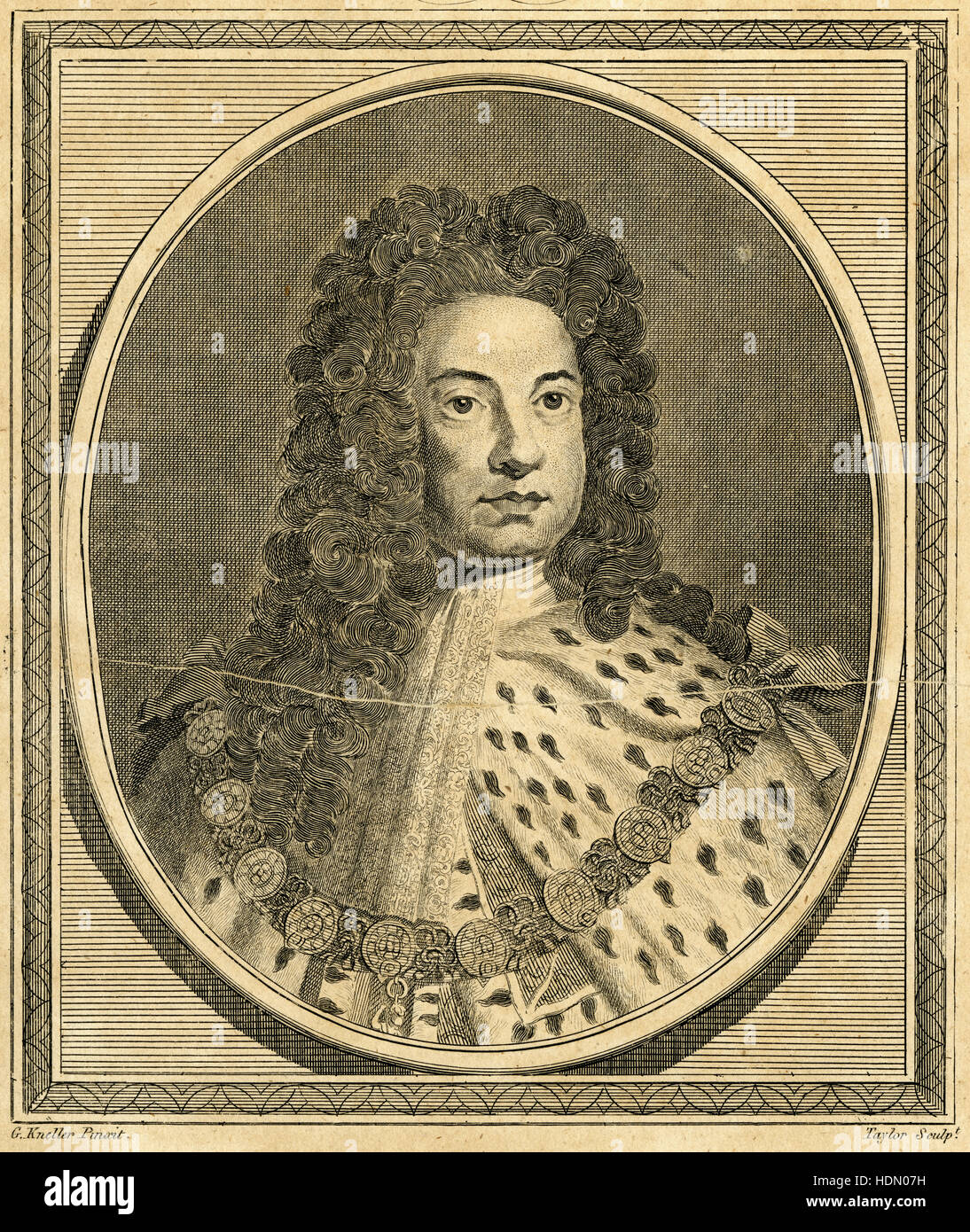 Antique 1788 engraving, King George I. George I (1660-1727) was King of Great Britain and Ireland from 1 August 1714 until his death, and ruler of the Duchy and Electorate of Brunswick-Lüneburg (Hanover) in the Holy Roman Empire from 1698. SOURCE: ORIGINAL ENGRAVING. Stock Photo