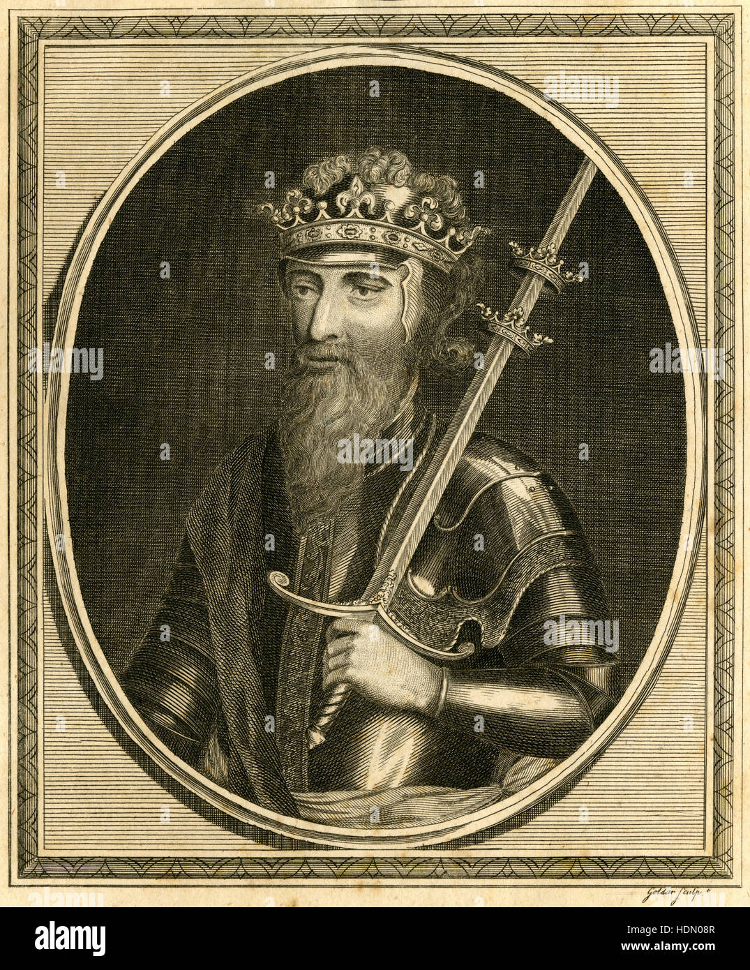 Antique 1785 engraving, King Edward III. Edward III (1312-1377) was King of England from 25 January 1327 until his death; he is noted for his military success and for restoring royal authority after the disastrous and unorthodox reign of his father, Edward II. SOURCE: ORIGINAL ENGRAVING. Stock Photo