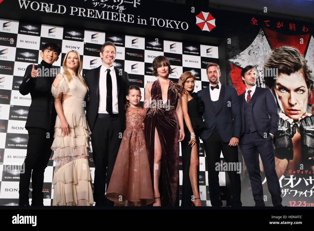L-R) Resident Evil: The Final Chapter Cast - Fraser James, Ruby Rose,  Milla Jovovich, Director Paul W.S. Anderson, William Levy, Ali Larter, Rola  and Eoin Macken arrives at the Resident Evil: The