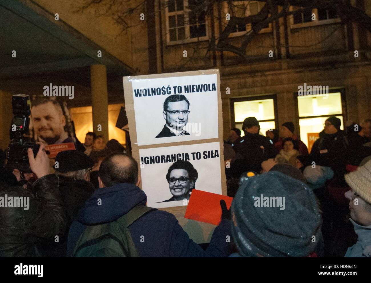 Gdansk, Poland. 13th Dec, 2016. The Committee for the Defence of Democracy (KOD) movement protest outside the Law and Justice party hedquarter in Gdansk, and at the Dlugi Targ street in Gdansk called ' Citizens Strike '. Protesters demand resignation of the government of the PM Beata Szydlo, inhibition unprepared and politicization of education reform and the introduction of real chapter of the State of the Church Credit:  Michal Fludra/Alamy Live News Stock Photo