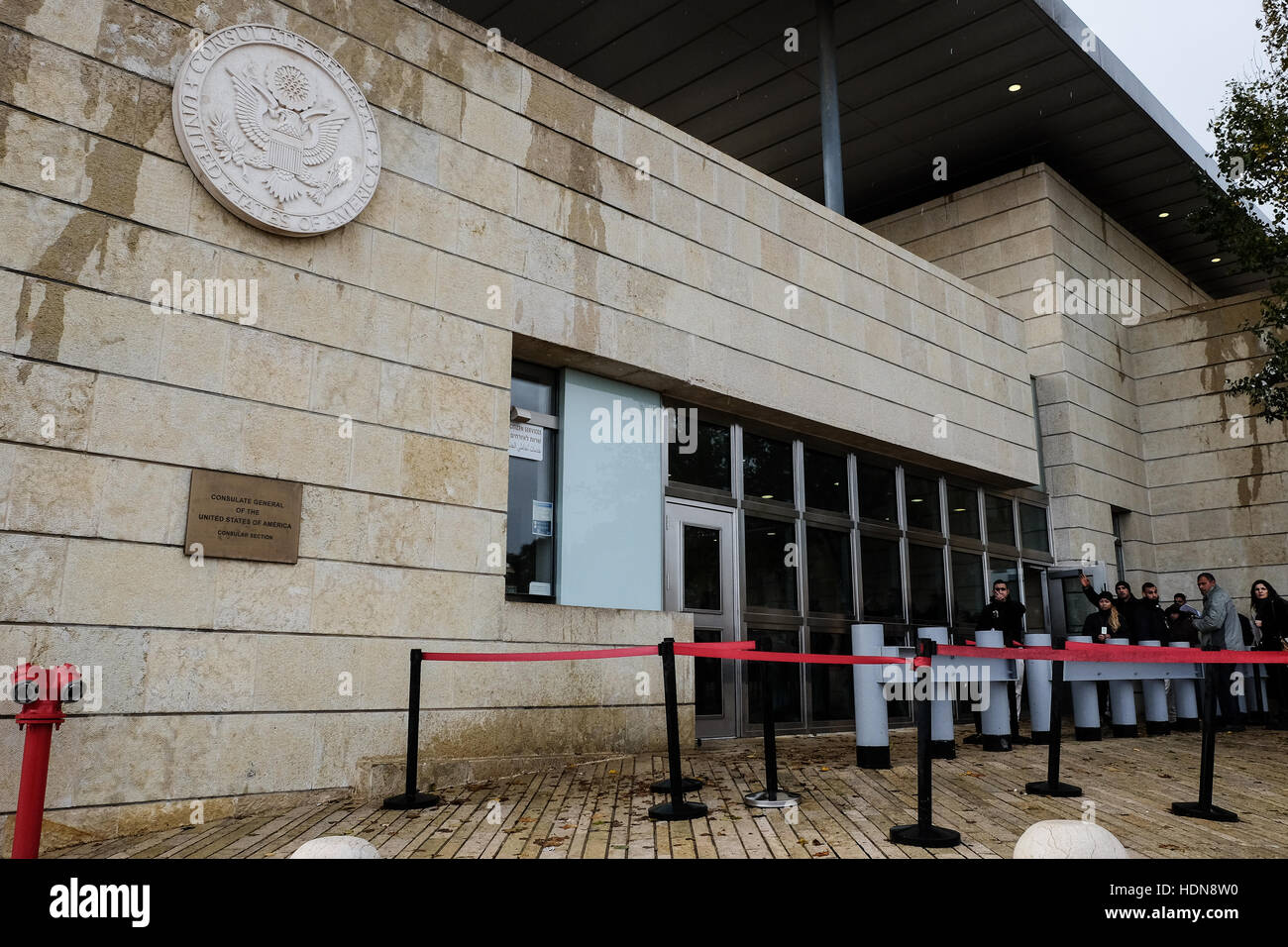 Jerusalem, Israel. 14th December, 2016. Security screening takes place at the entrance to the US Consulate General in Jerusalem. Reports of President-elect Donald Trump's serious consideration of moving the U.S. Embassy in Israel to Jerusalem, possibly a major reversal of longstanding US policy without coordination with the State Department, has caused some Israeli security and diplomatic officials anxiety about the consequences in regard to reactions from the Arab world and on the streets of East Jerusalem. Credit:  Nir Alon/Alamy Live News Stock Photo