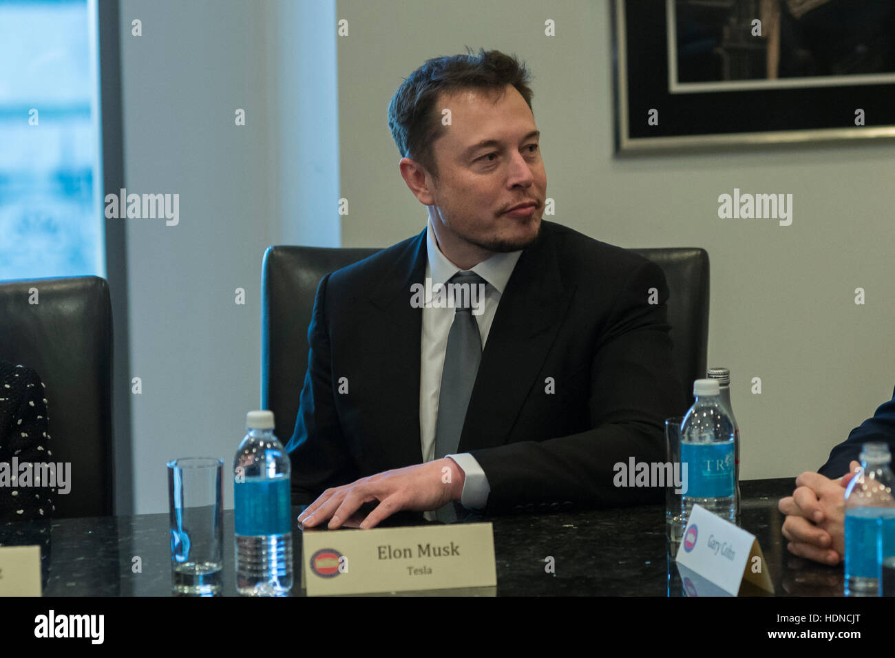 New York, USA. 14th December, 2016. Tesla CEO Elon Musk is seen in attendance at a meeting of technology chiefs in the Trump Organization conference room at Trump Tower in New York, NY, USA on December 14, 2016. Credit: Albin Lohr-Jones/Pool via CNP /MediaPunch Credit:  MediaPunch Inc/Alamy Live News Stock Photo