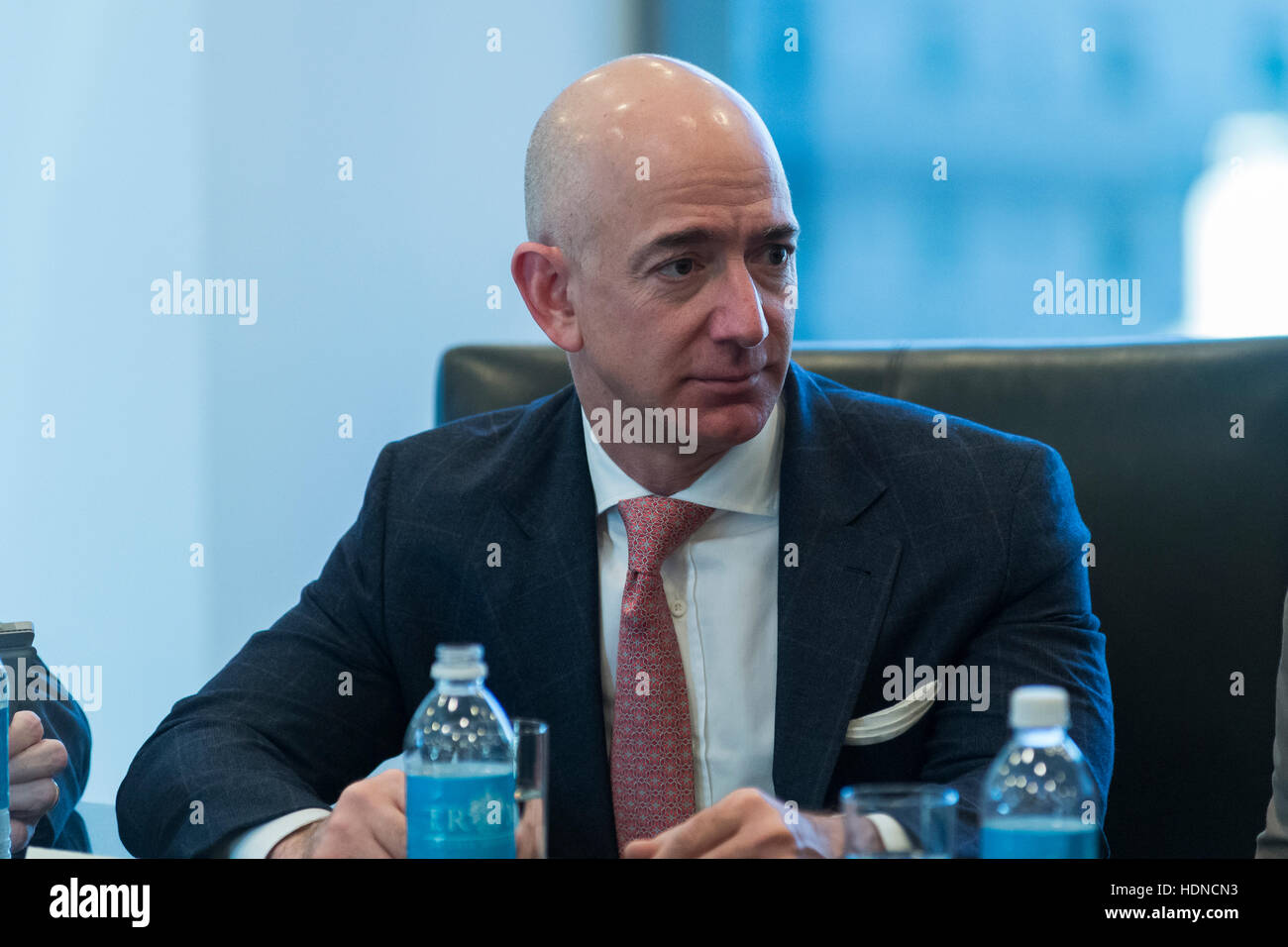 New York, USA. 14th December, 2016. Amazon CEO Jeff Bezos is seen in attendance at a meeting of technology chiefs in the Trump Organization conference room at Trump Tower in New York, NY, USA on December 14, 2016. Credit: Albin Lohr-Jones/Pool via CNP /MediaPunch Credit:  MediaPunch Inc/Alamy Live News Stock Photo