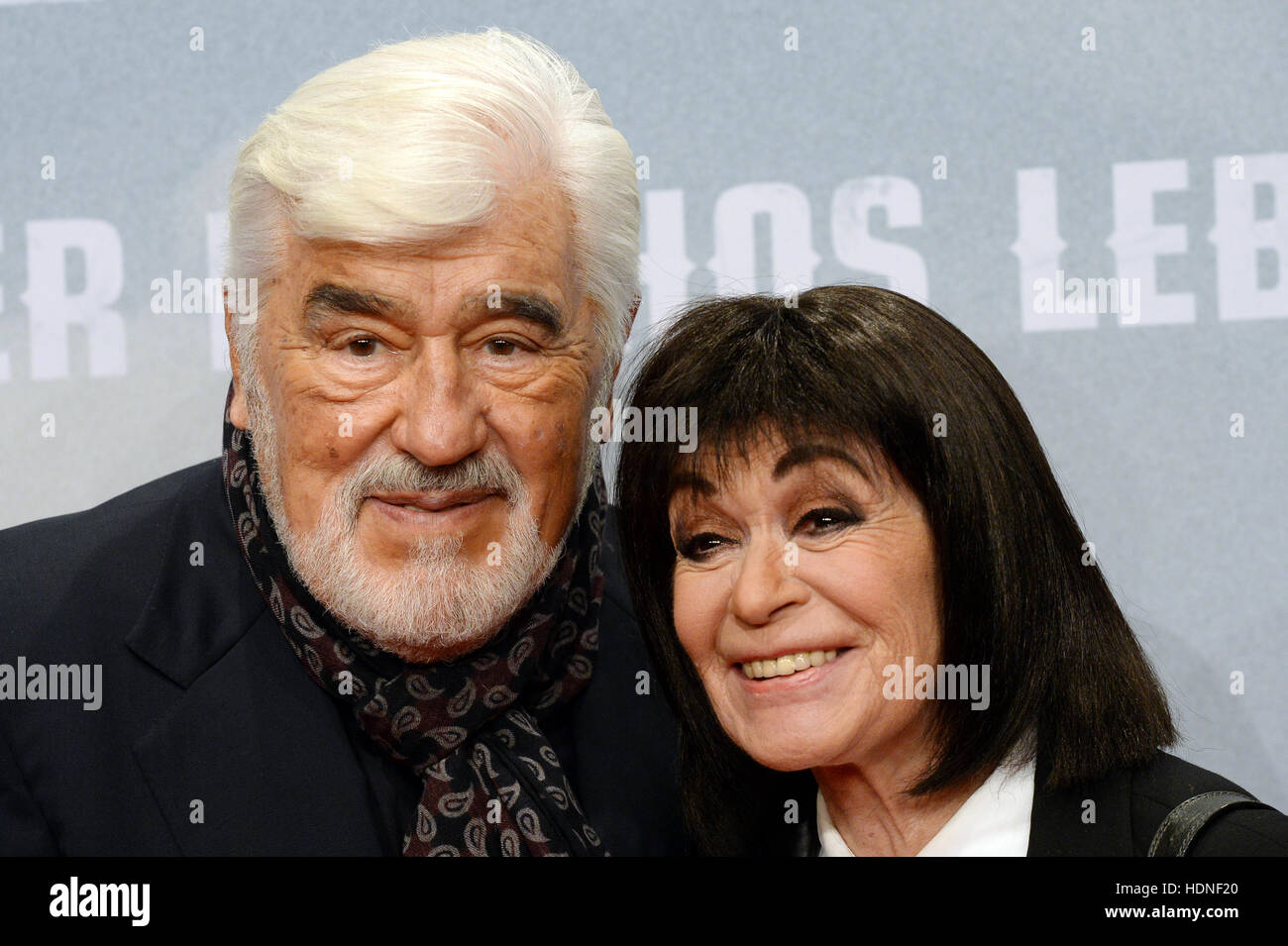 Berlin Germany 14th Dec 2016 Actors Mario Adorf L Santer Senior And Marie Versini Lady In Red Take Part In A Photo Call For The Tv Film Winnetou Eine Neue Welt