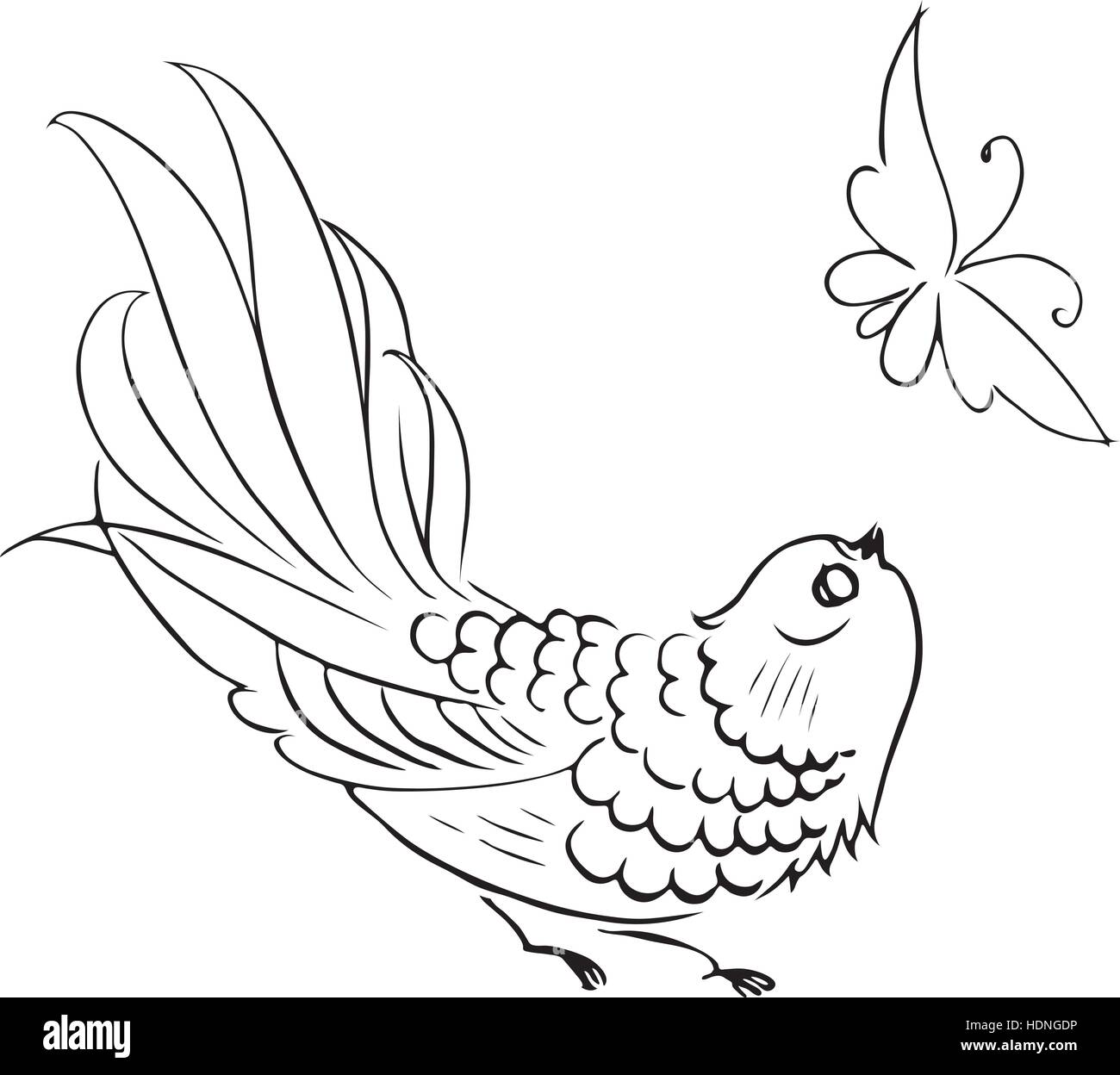 Bird & butterfly (decorative contour hand drawing tattoo vector illustration) Stock Vector