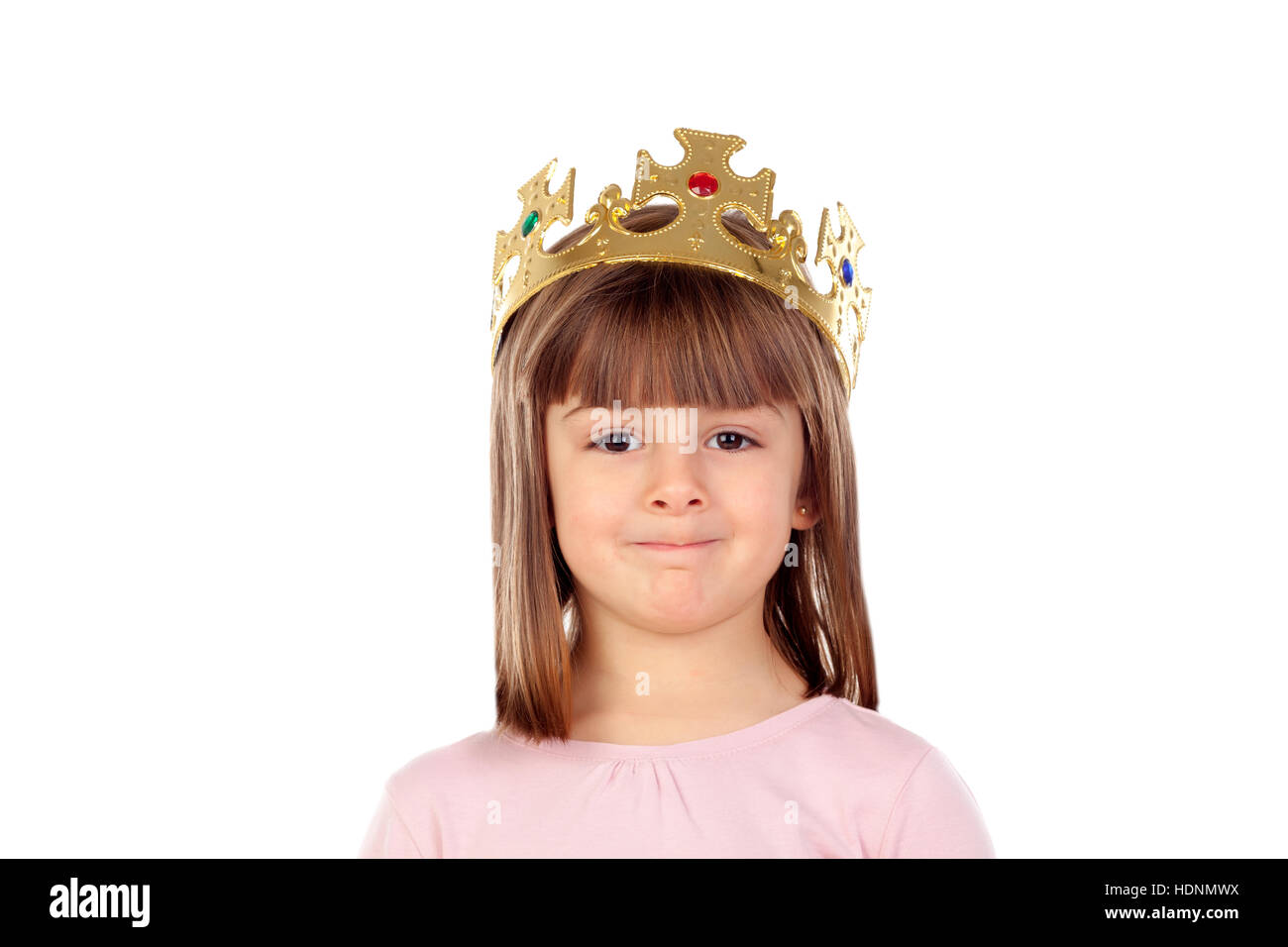 Beautiful small girl with golden crown of princess isolated on a white ...