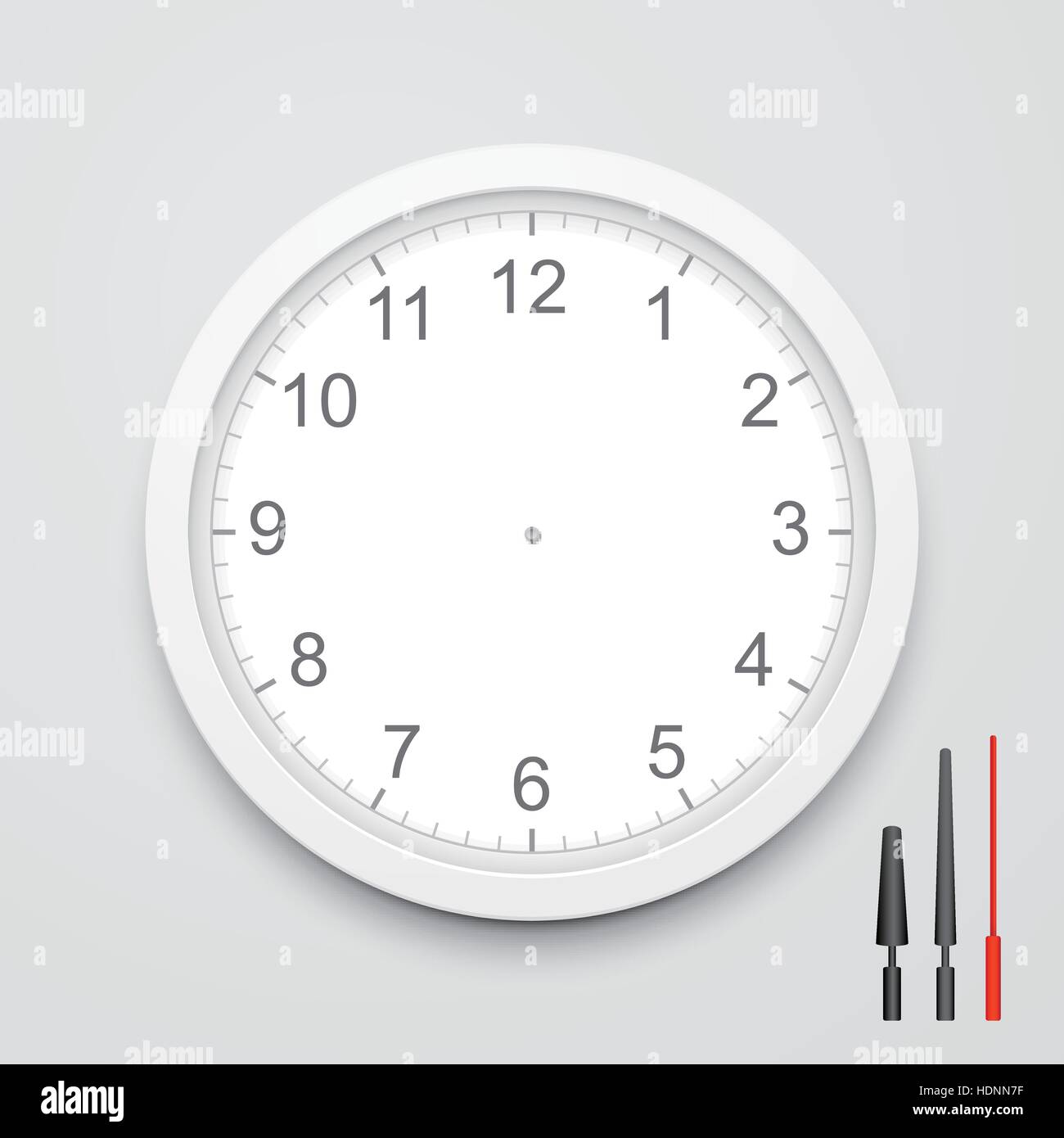 3d vector blank clock face with hour, minute and second hands isolated