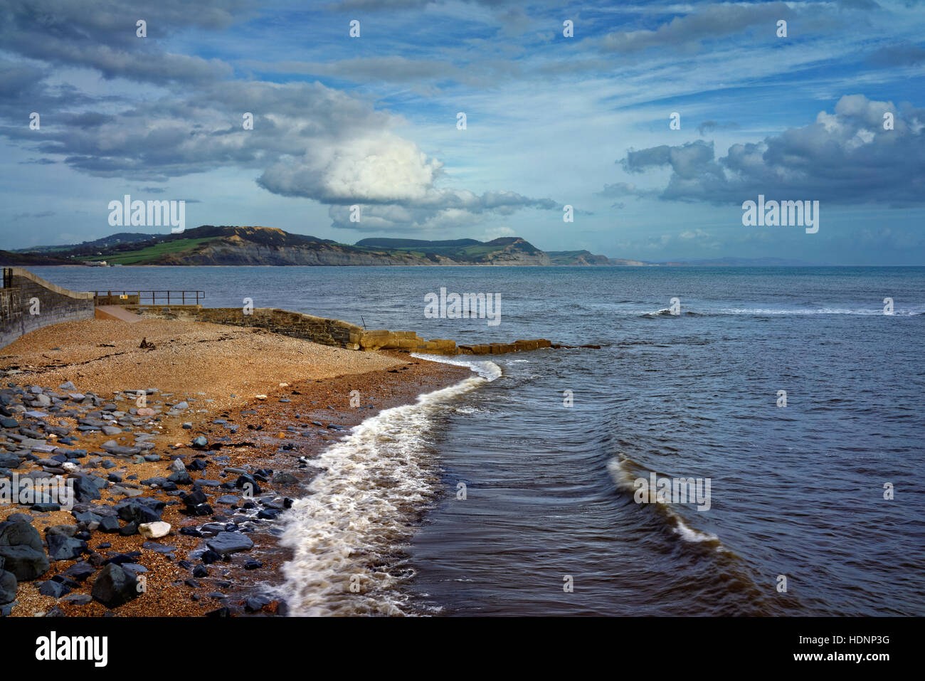 UK,Dorset,Lyme Regis,View across Lyme Bay to Charmouth and Golden Cap Stock Photo