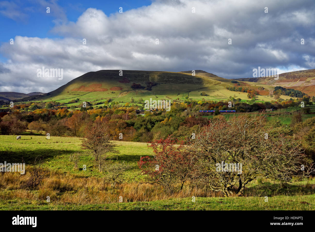 UK,Derbyshire,Peak District,Edale,Trans Pennine Express Train in the Hope Valley, with Grindsbrook Knoll and Kinder Scout Stock Photo
