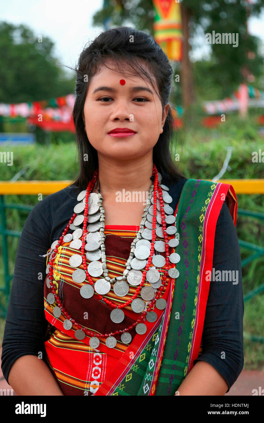 Debbarma Tribal Woman from Tripura India wearing Traditional Necklace called Rangbwbang. Tribal Festival in Ajmer, Rajasthan, India Stock Photo