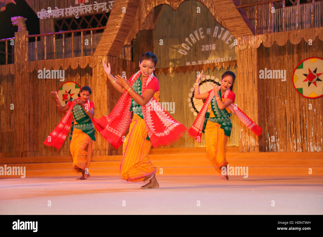 Bodo Women Tribal dancers performing Traditional Dosari Dolan dance. Tribal Festival in Ajmer, Rajasthan, India Stock Photo