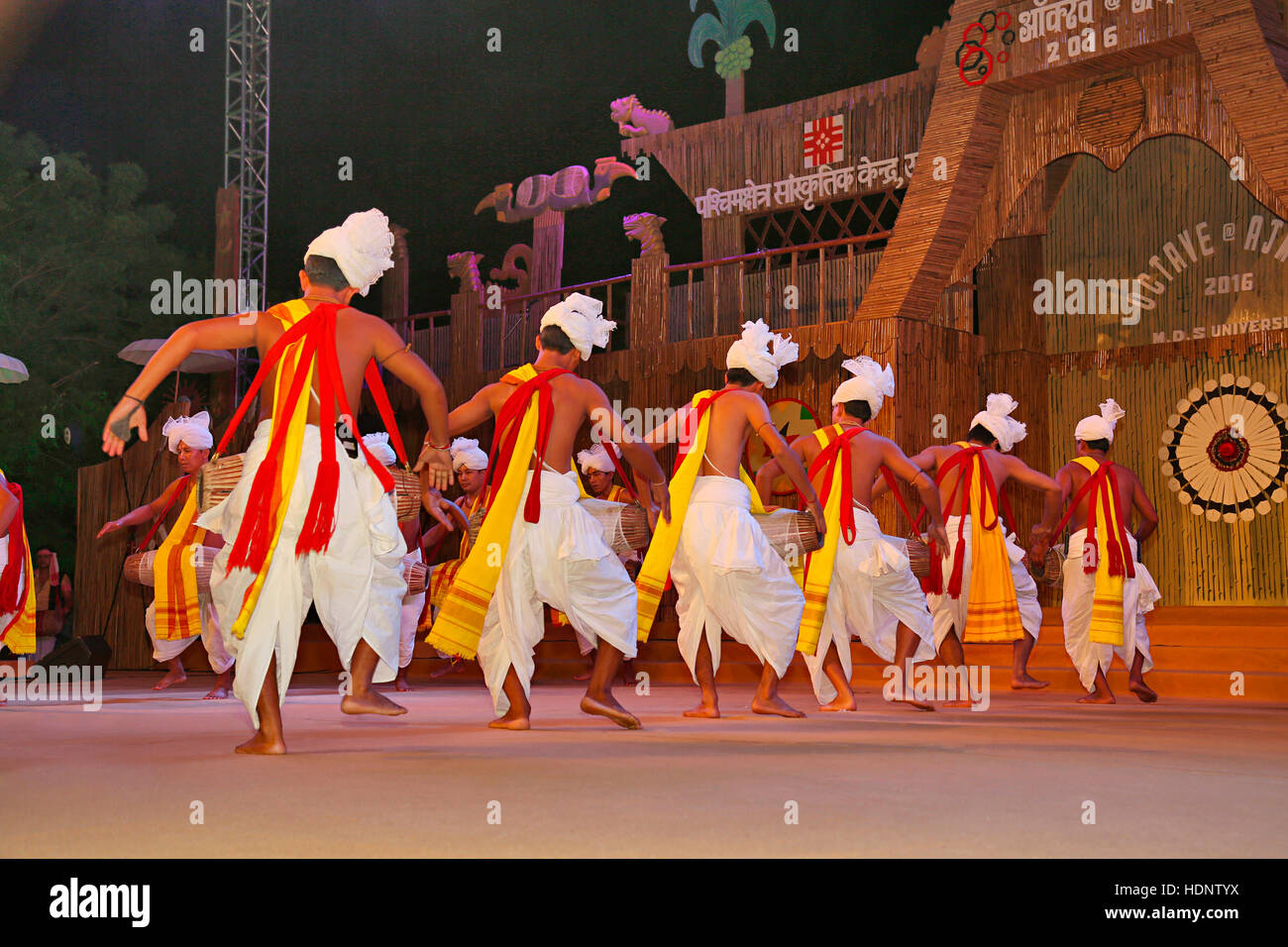 Manipur dancers performing Dhol Cholam Traditional dance of Manipur. Tribal Festival in Ajmer, Rajasthan, India Stock Photo
