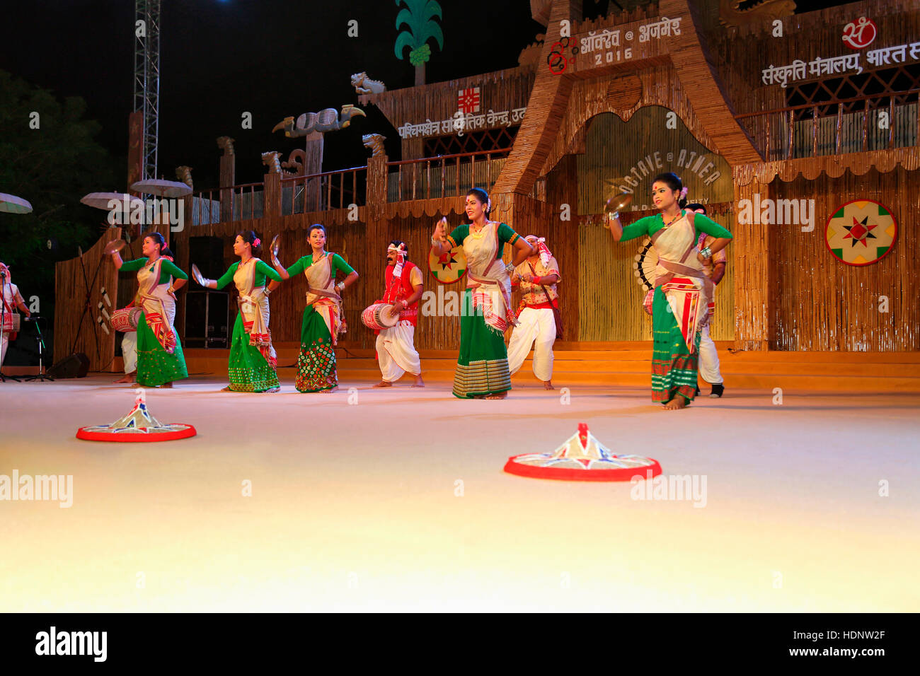 Tribal dancers From Assam performing Traditional Bodo dance Of Assam. Tribal Festival in Ajmer, Rajasthan, India Stock Photo