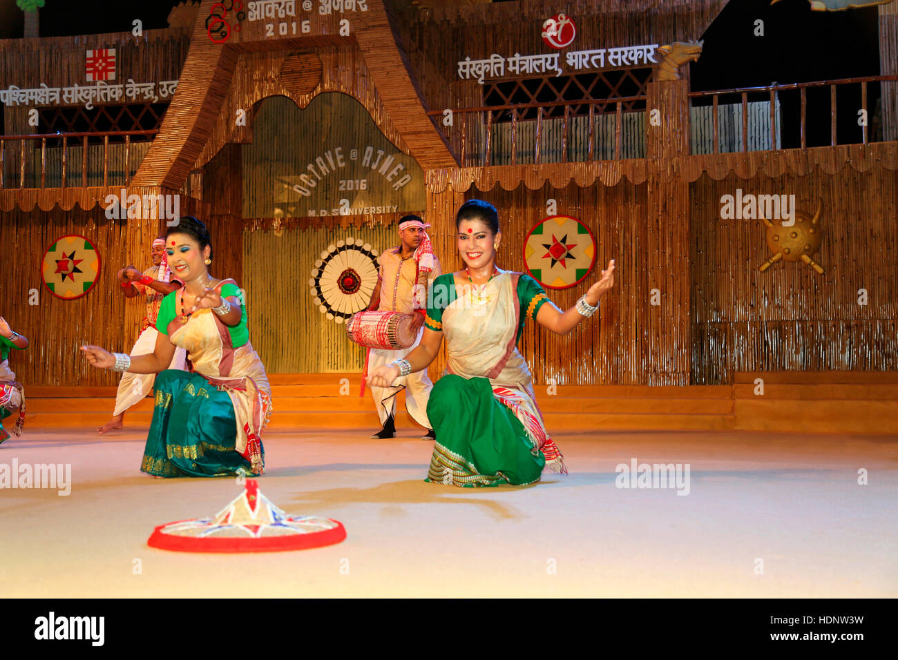Tribal dancers From Assam performing Traditional Bodo dance Of Assam. Tribal Festival in Ajmer, Rajasthan, India Stock Photo