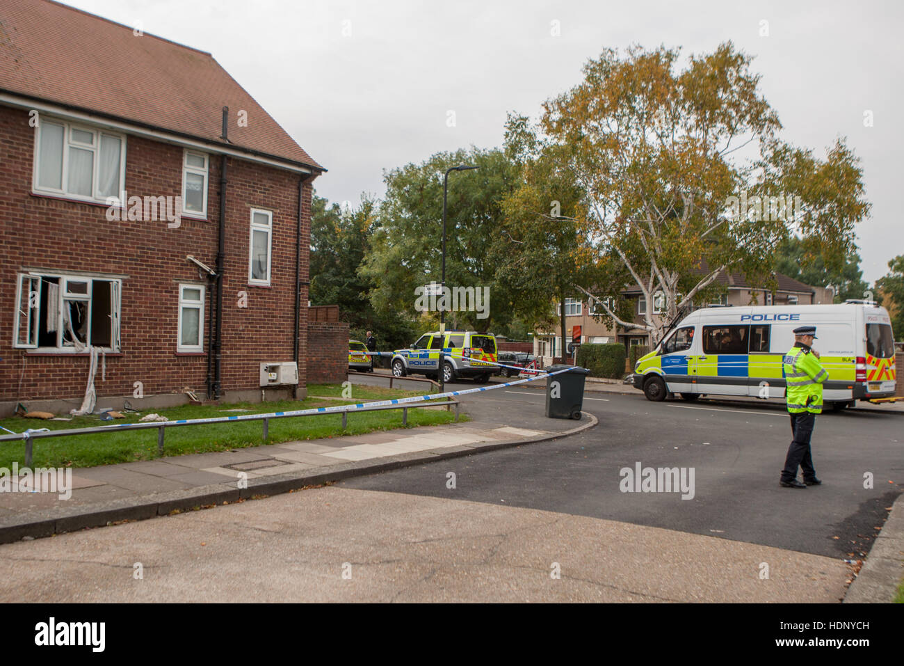 A three-day stand-off between armed police and a man feared to have petrol at his home has ended. Officers forced entry to the house in Wood End Lane, Northolt, west London, last night (23Oct16). A man in his 40s has been arrested on suspicion of offences Stock Photo