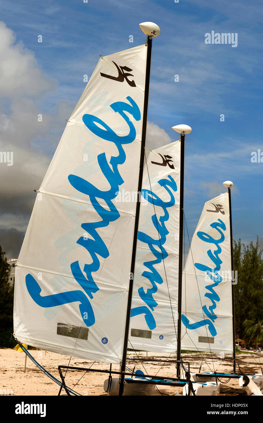 Sails of the Sandals Beach Resort Hobie Cats. Stock Photo