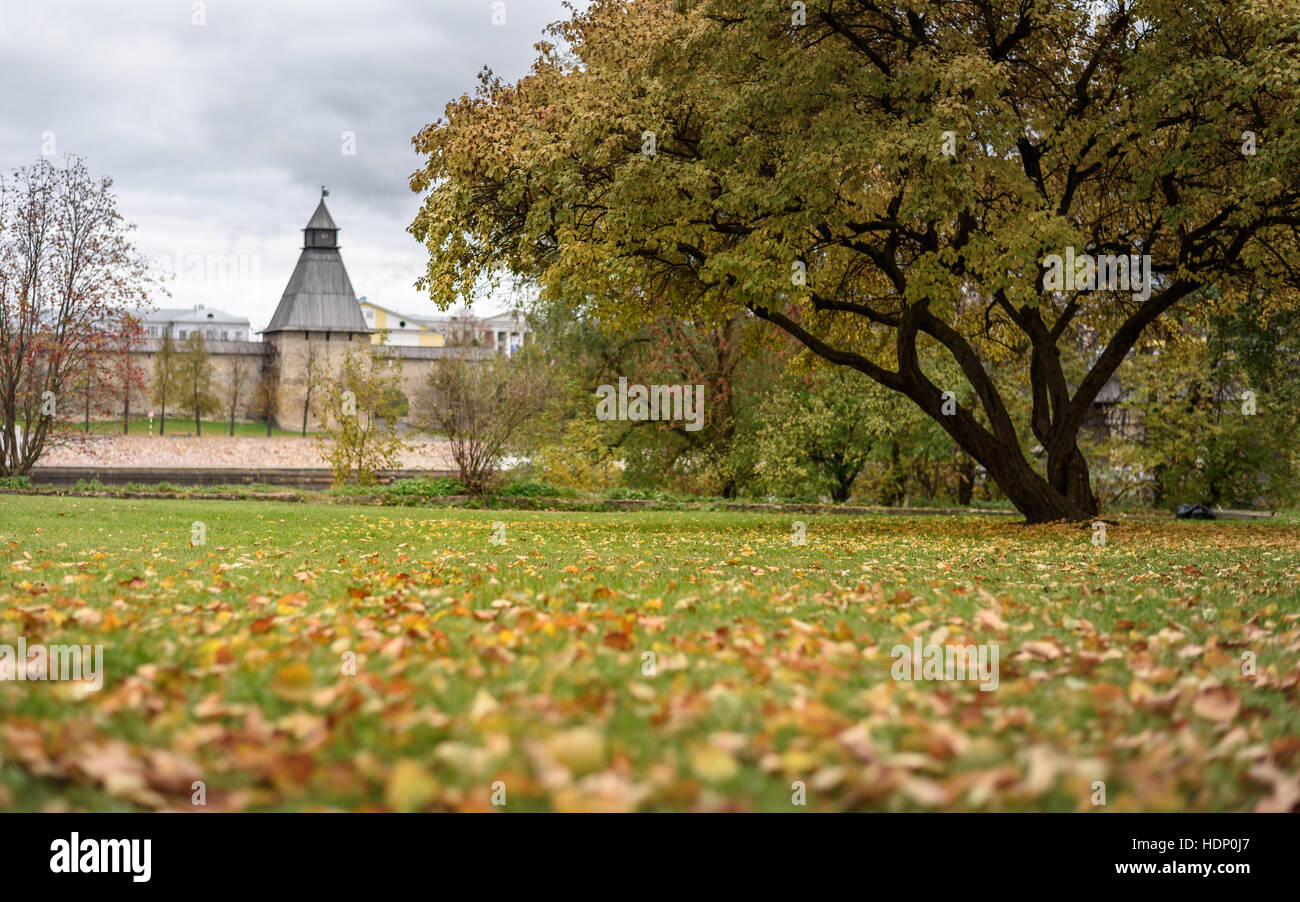 autumn Park against the background of the Pskov fortress Stock Photo