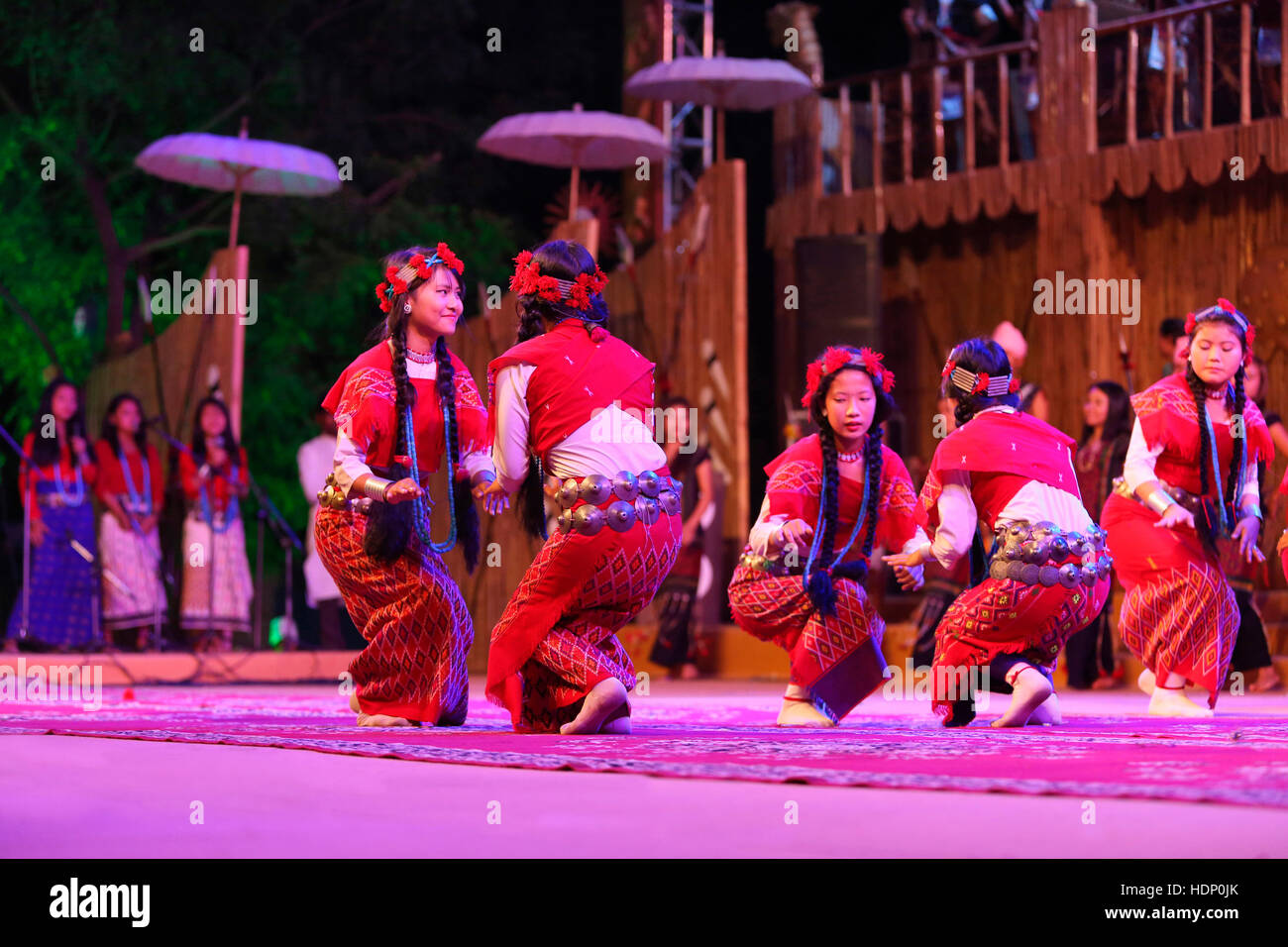 Nyishi Tribal Girls from Assam India performing Geyumja dance. Tribal Festival in Ajmer, Rajasthan, India Stock Photo