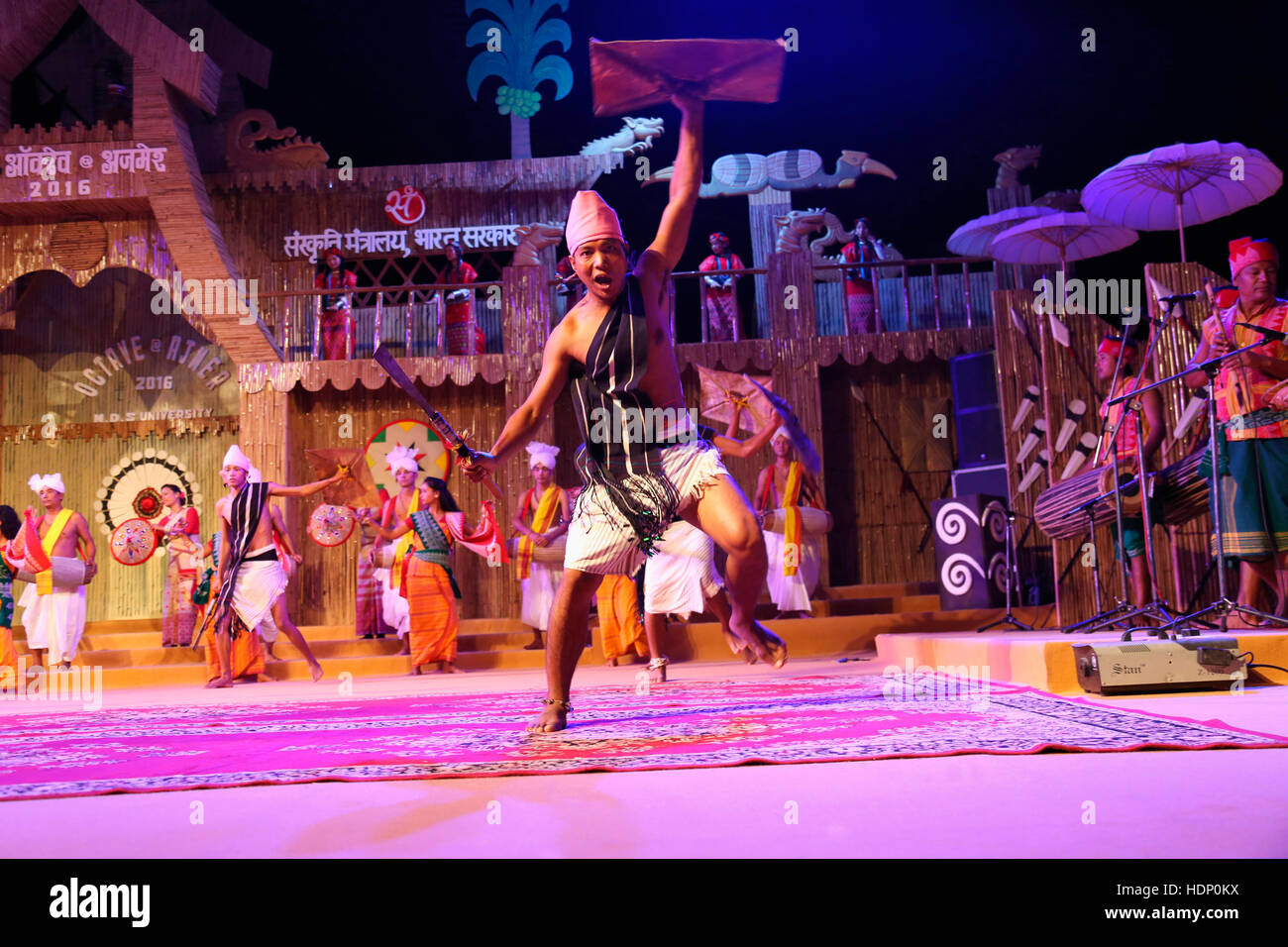 Maring Tribal Man from Manipur India performing Tribal Traditional dance. Tribal Festival in Ajmer, Rajasthan, India Stock Photo