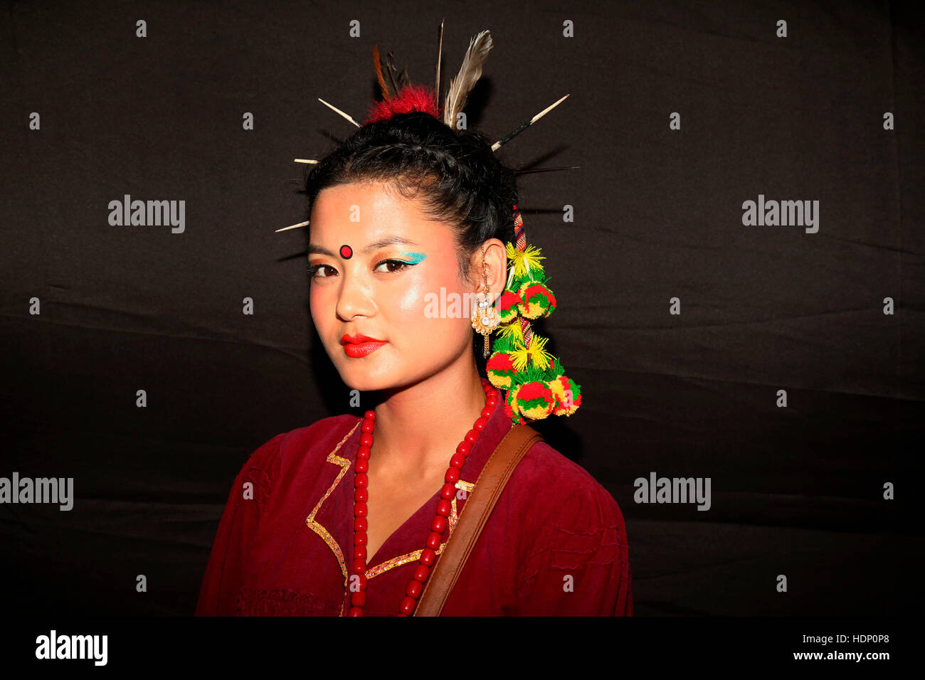 Rai Tribal Girl Wearing Headgear from Sikkim - Bhuruwa , Chandi Rai. Rural faces of India Stock Photo