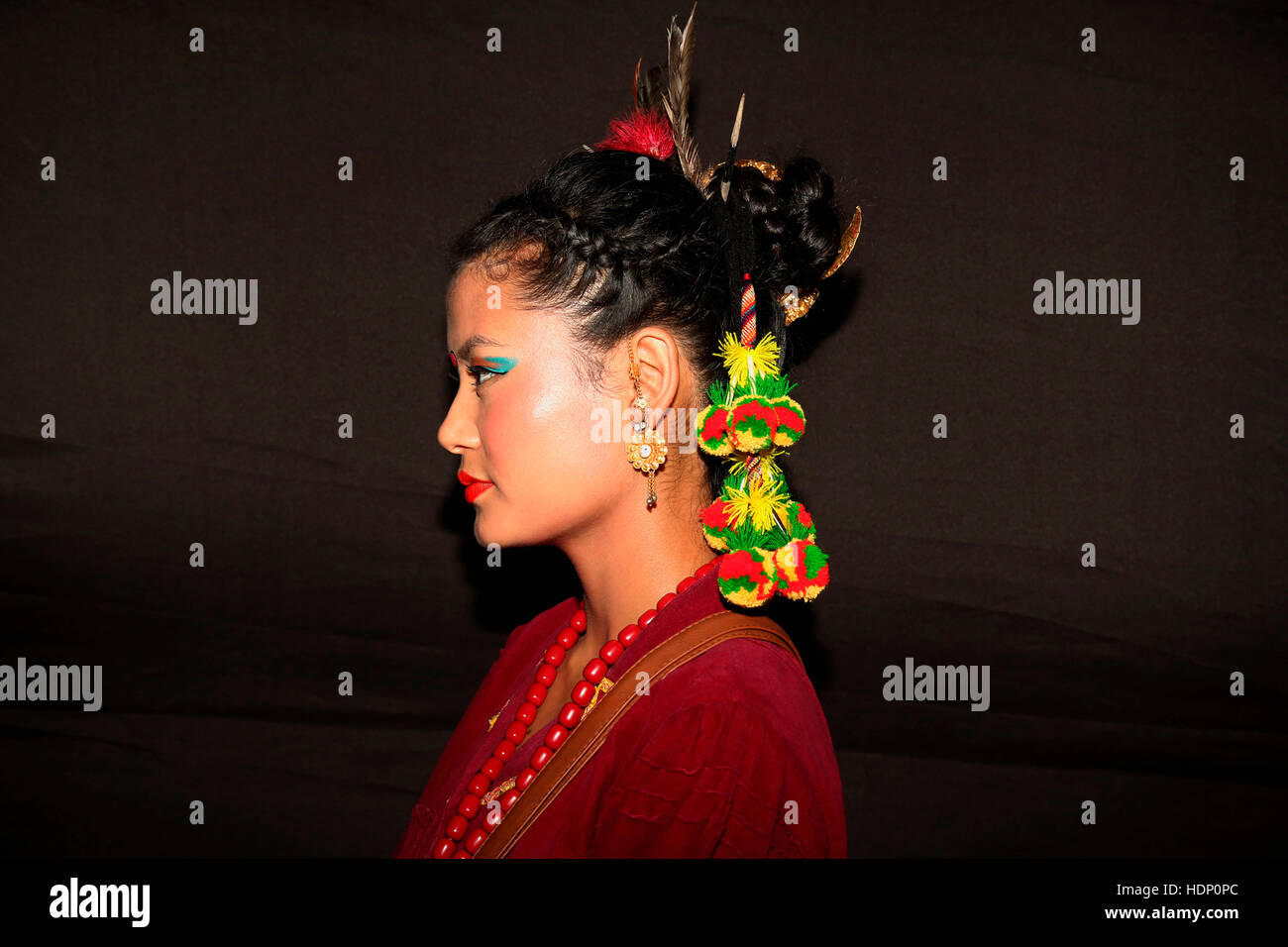 Rai Tribal Girl Wearing Headgear from Sikkim. Rural faces of India Stock Photo