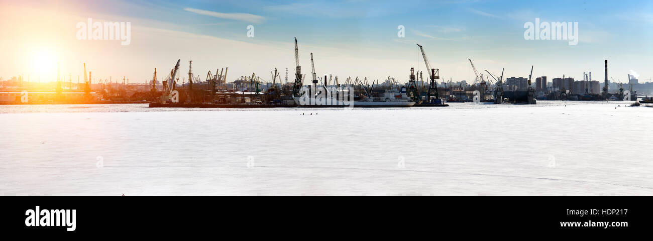 St. Petersburg. Seaport. Russia.View from the Gulf of Finland covered with ice Stock Photo