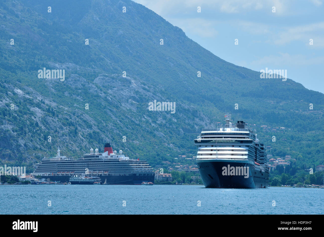 Montenegro Koto Bay Port, Ships moored, most southern Fjord in the Northern Hemisphere Stock Photo