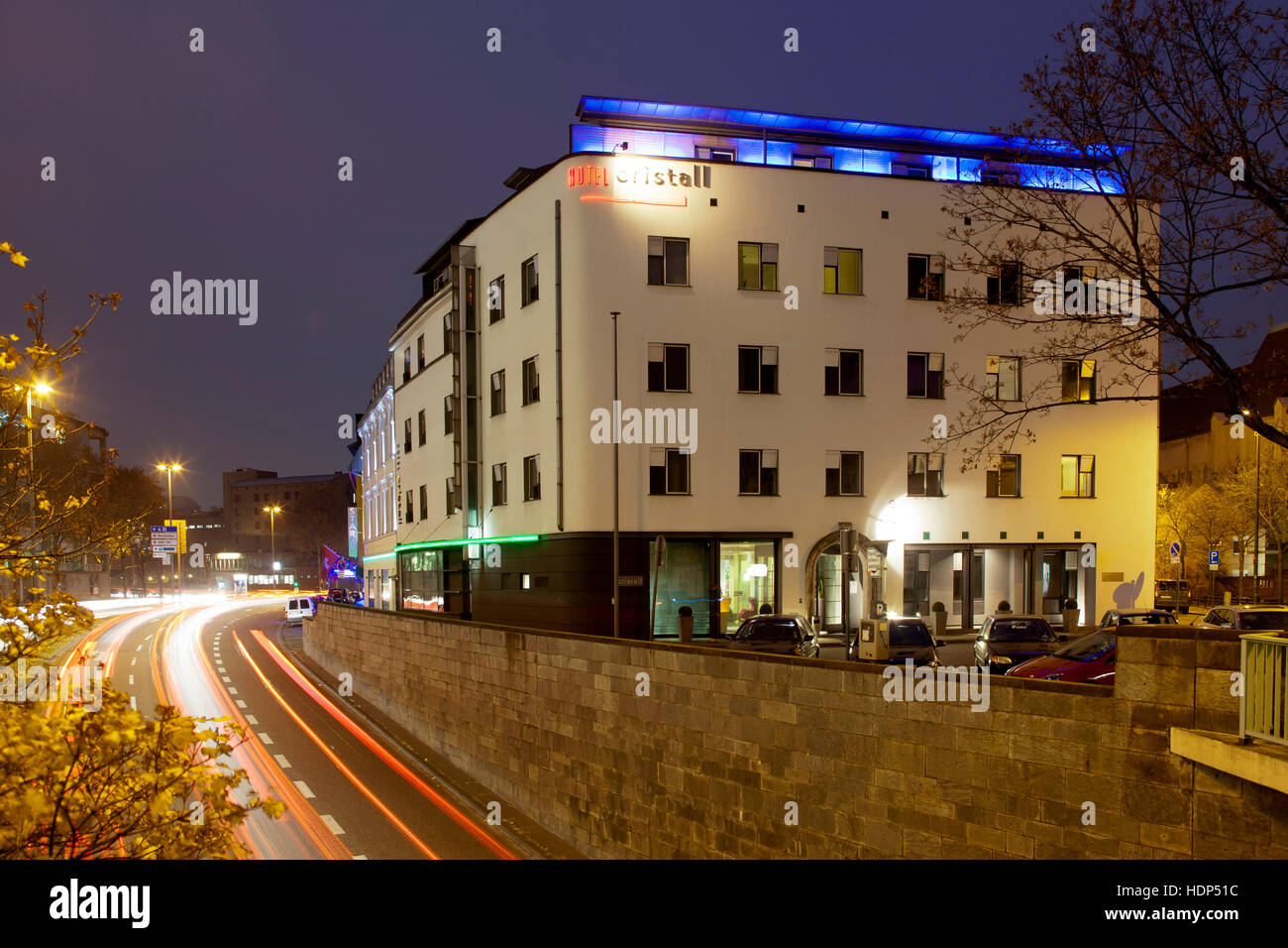 Europe, Germany, North Rhine-Westphalia, Cologne, evening traffic on the Ursula Street, Hotel Cristall. Stock Photo