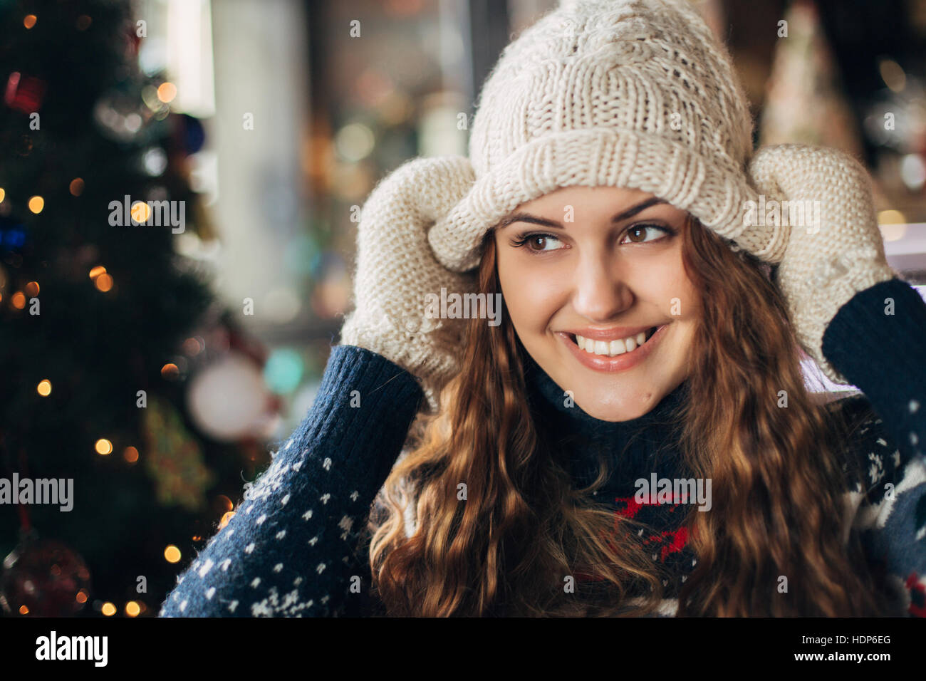 beautiful girl in hat Christmas closeup Stock Photo Alamy