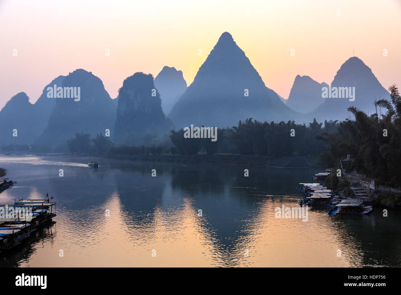 Mountains and River Sunrise View at Guilin City in China Stock Photo
