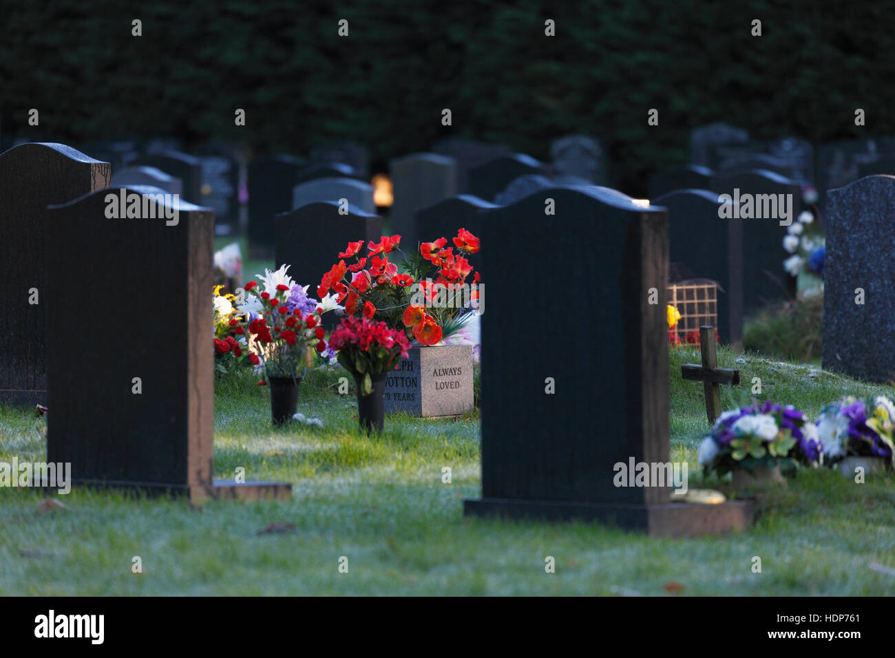 Headstones in a churchyard, covered in dew on a Winter's morning. Stock Photo