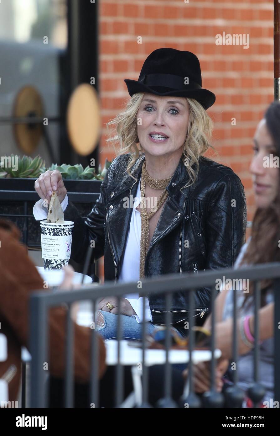 Sharon Stone takes break from a movie set to have a coffee at Alfred's