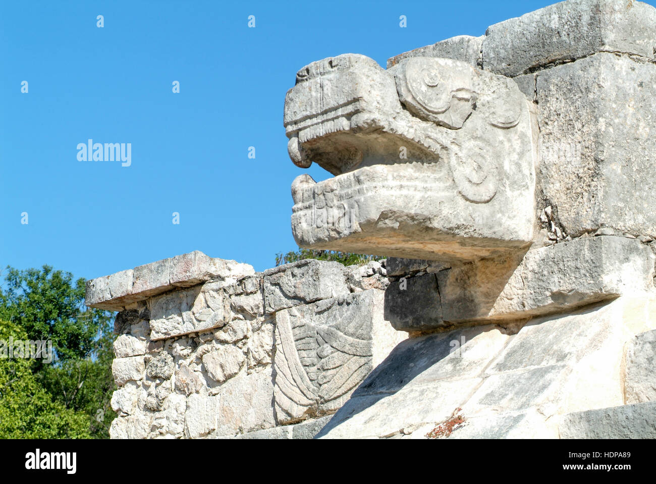 Jaguar heads of the Venus Platform, Ancient Maya Ruins, Chichen Itza Archaeological Site, Yucatan, Mexico Stock Photo