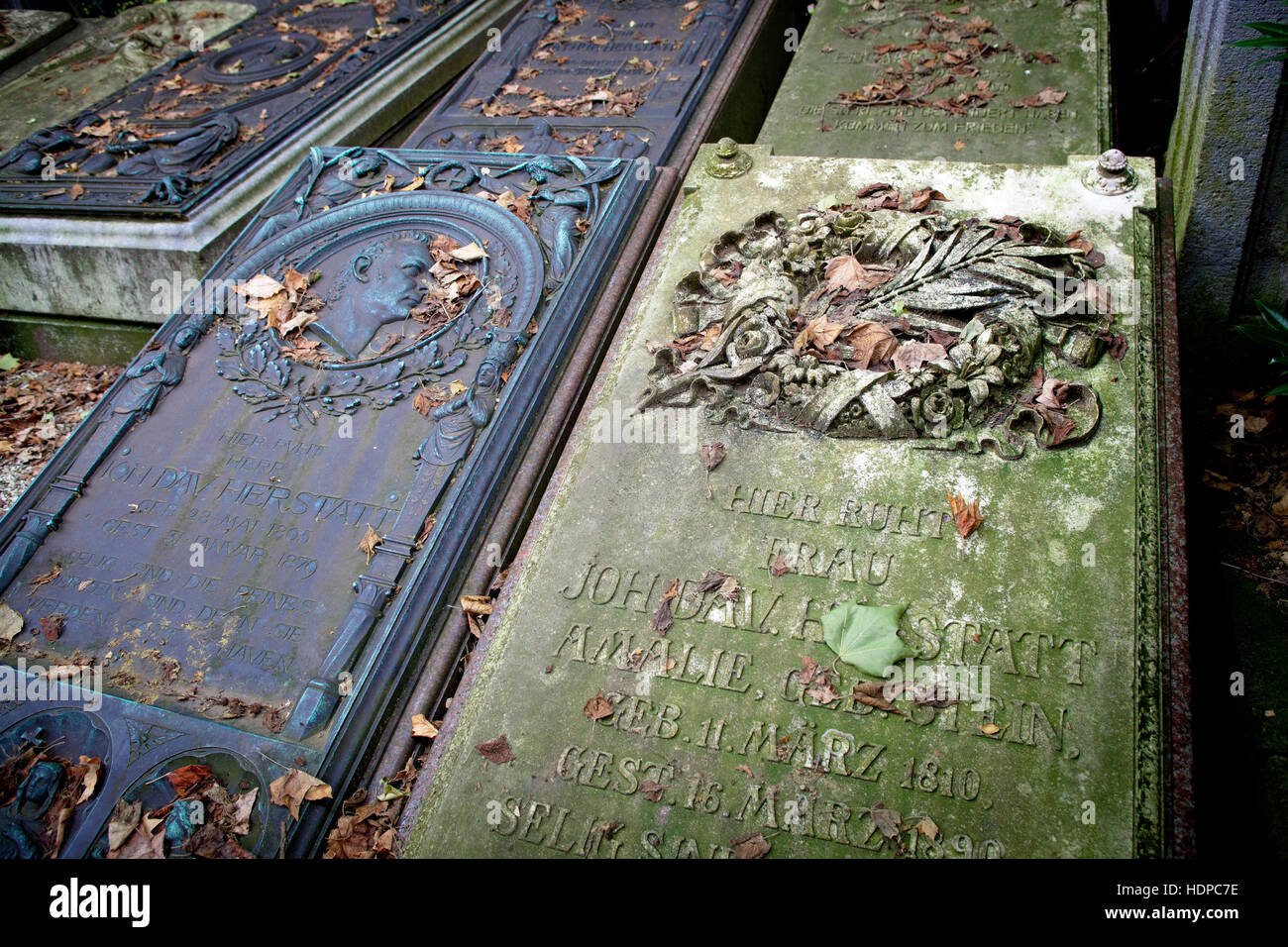 Europe, Germany, Cologne, tomb slabs at the Melaten cemetery. Stock Photo