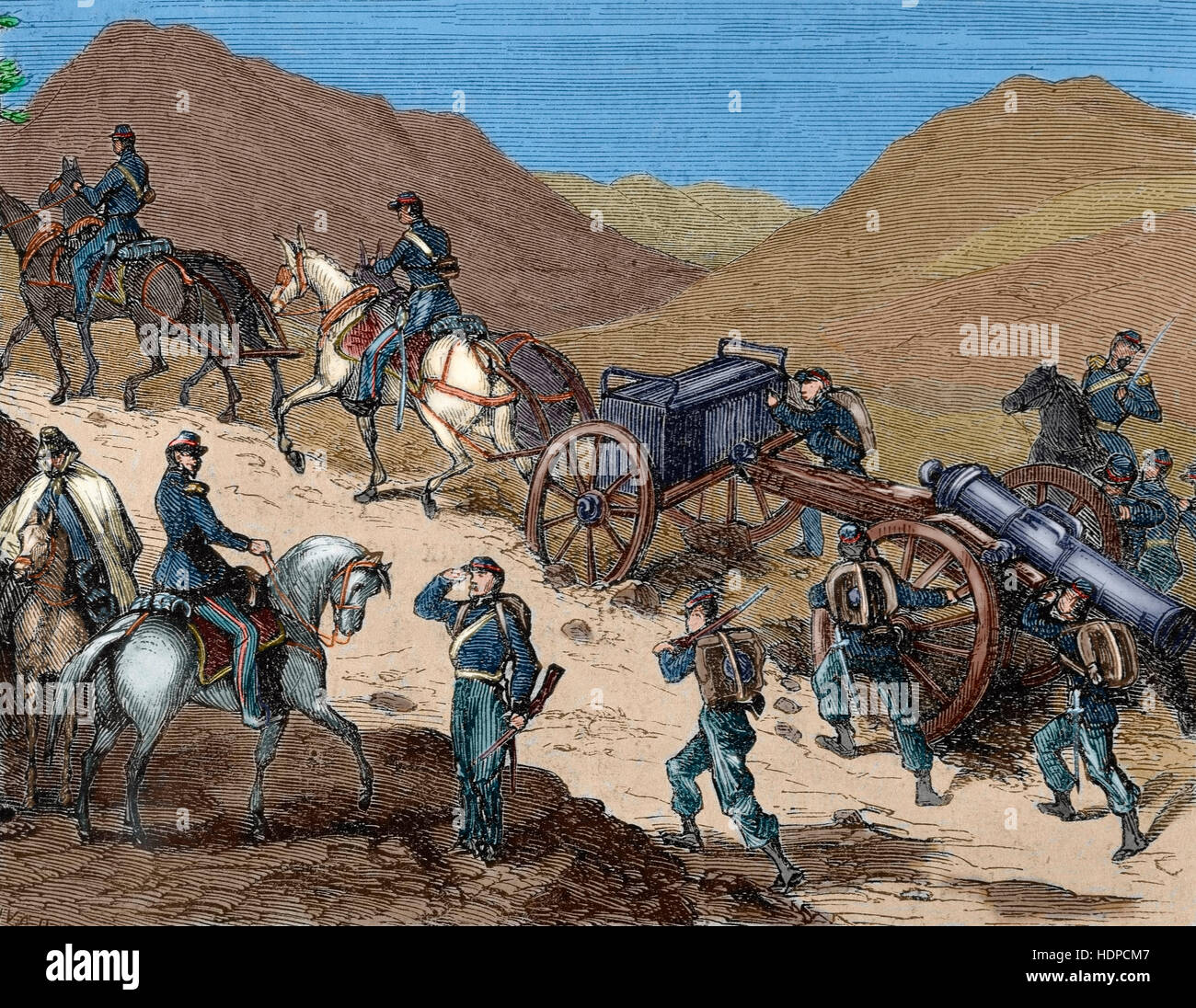 Italian unification (1859-1924). The Second Italian Independence War, 1859. Piedmont artillery take positions before Gaeta. "L'Illustration", 1860. Engraving. Colored. Stock Photo