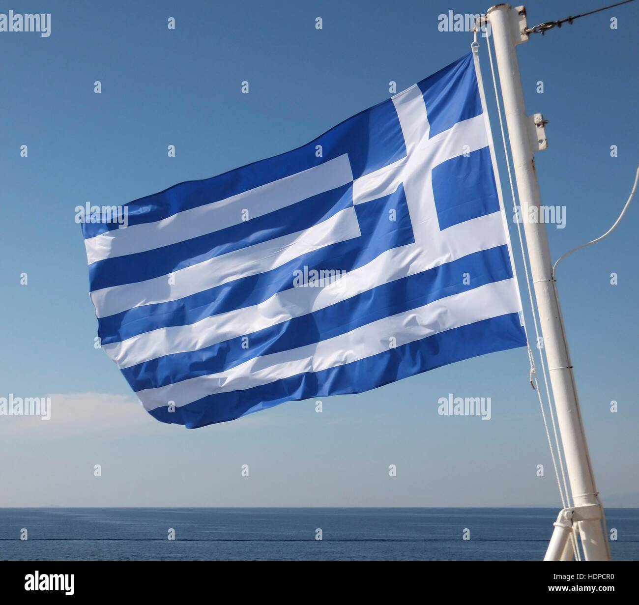 AJAXNETPHOTO. AEGIEAN SEA, GREECE. - GREEK MERCHANT MARINE FLAG ON A PASSENGER SHIP AT SEA. PHOTO:JUDITH NAN/AJAX REF:D4195 Stock Photo