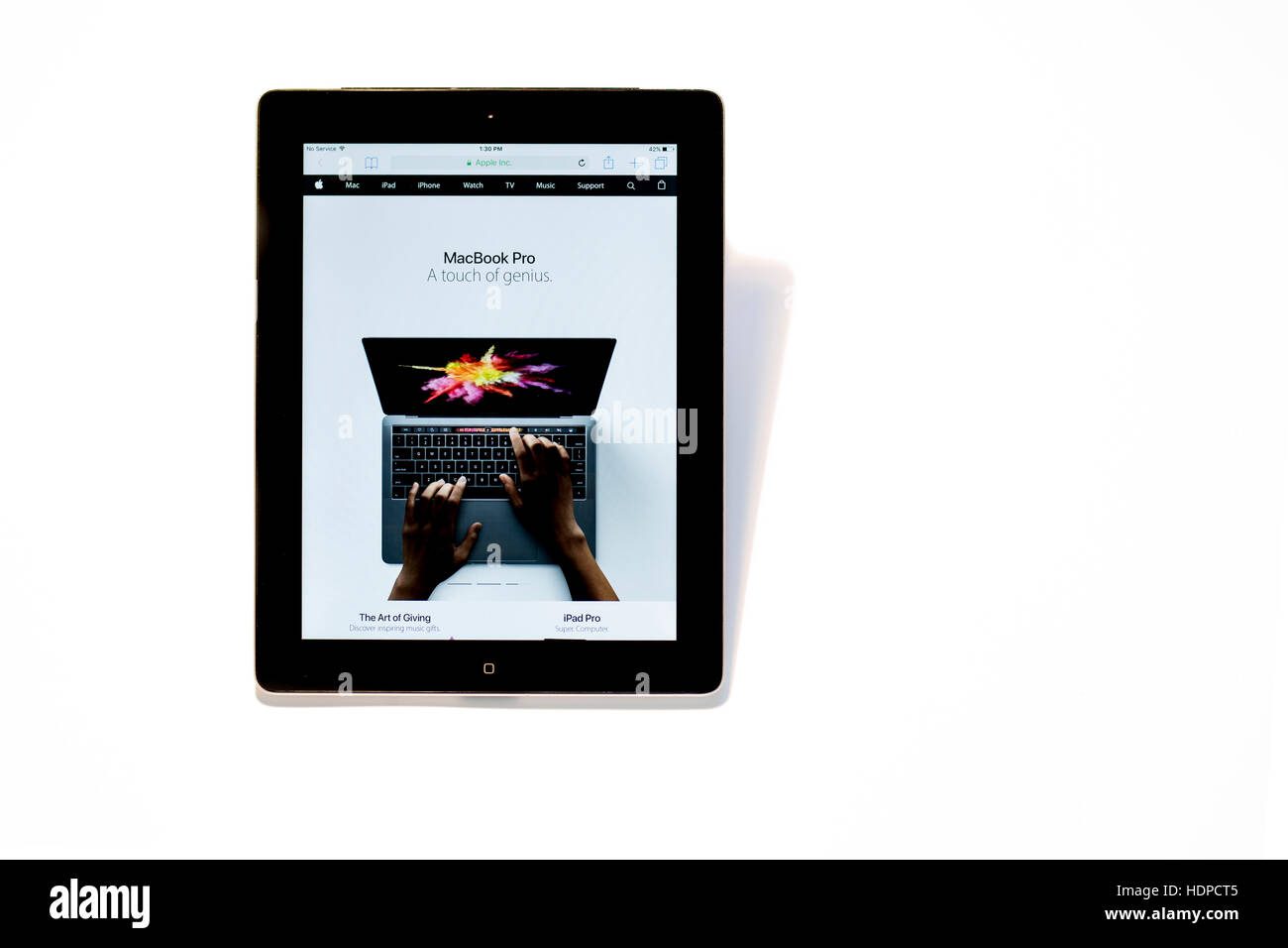 ljubljana, Slovenia - December 8 2016: Apple's MacBook Pro 2 web page displayed on iPad 3, illustrative editorial. Apple introduces new generation of  Stock Photo