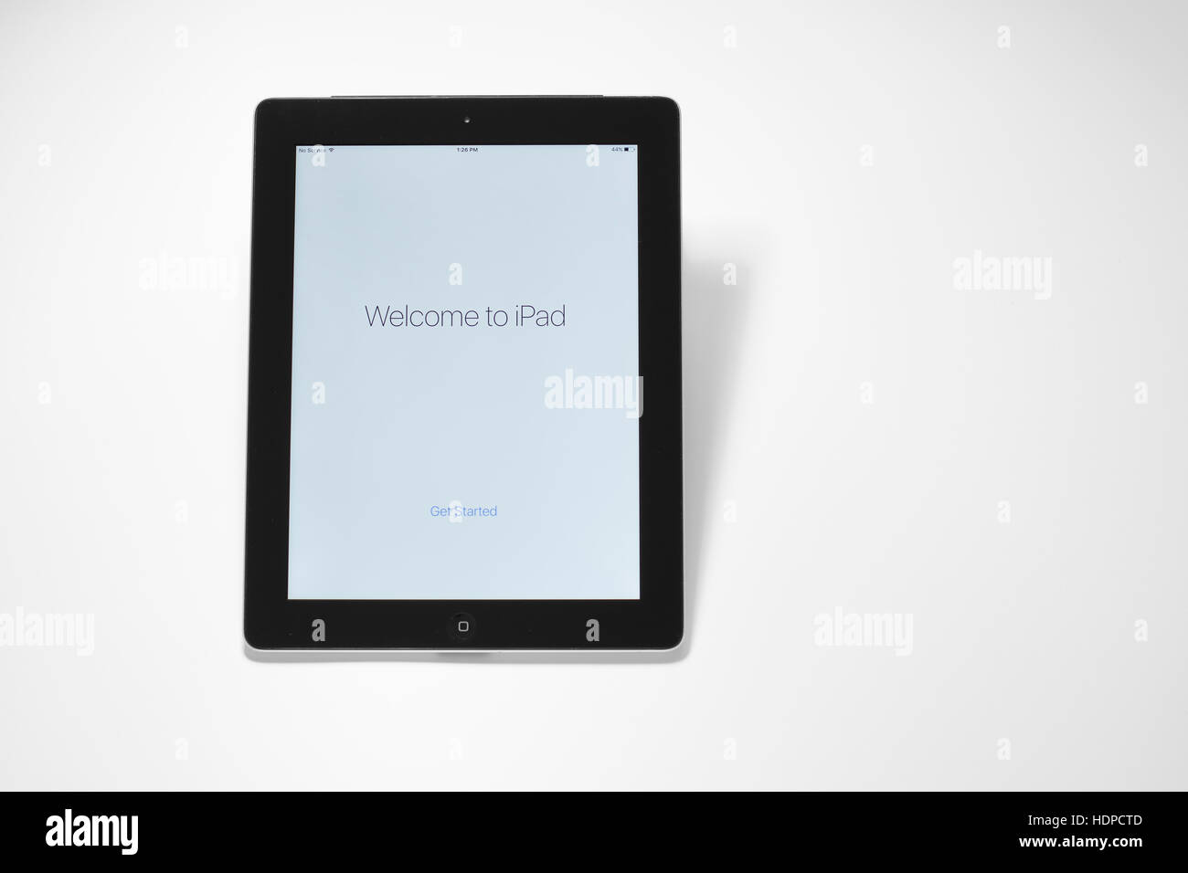 Ljubljana, Slovenia - December 8 2016: iPad 3 screen reads 'Welcome to iPad' and welcoming it's user after factory reset of the device, illustrative e Stock Photo