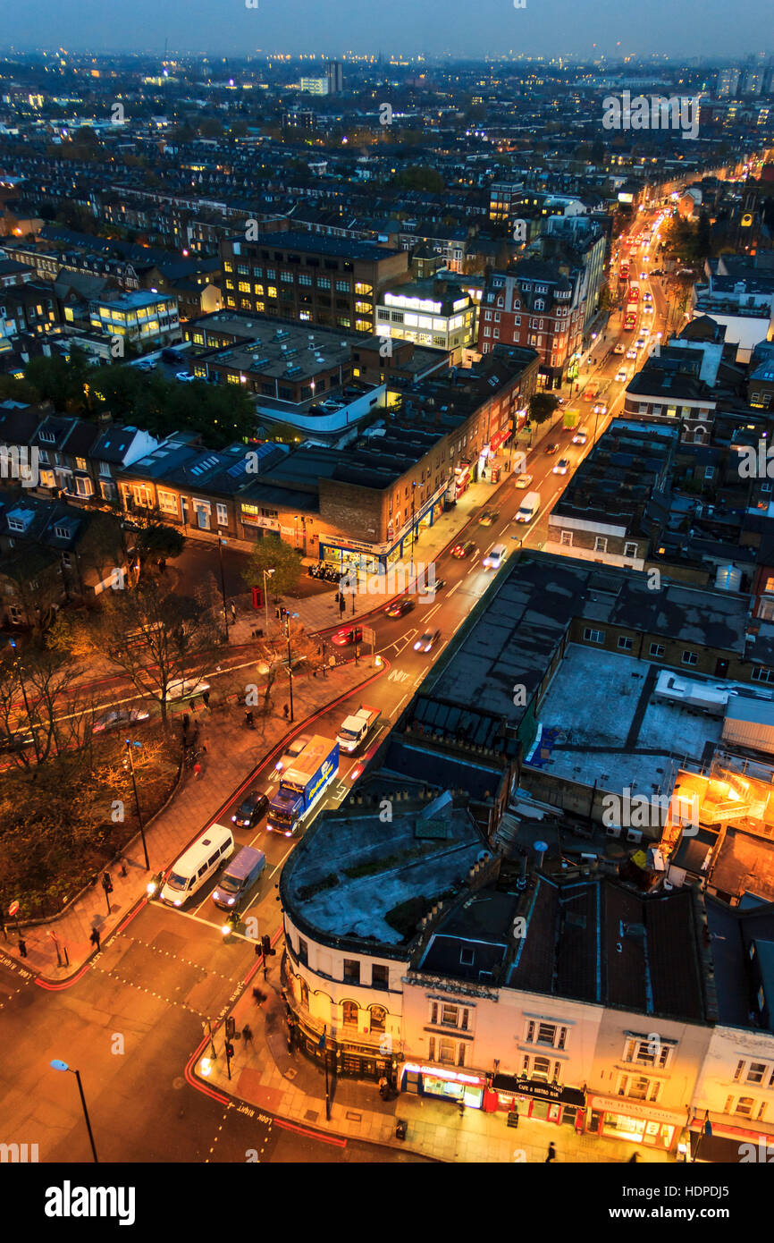 Night view along Holloway Road from the top of Archway Tower, North London, UK, November 2013. Stock Photo